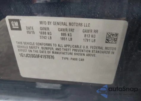 2015 Chevrolet Sonic Lt Auto из США, поврежденный, VIN 1G1JC5SG9F4197876